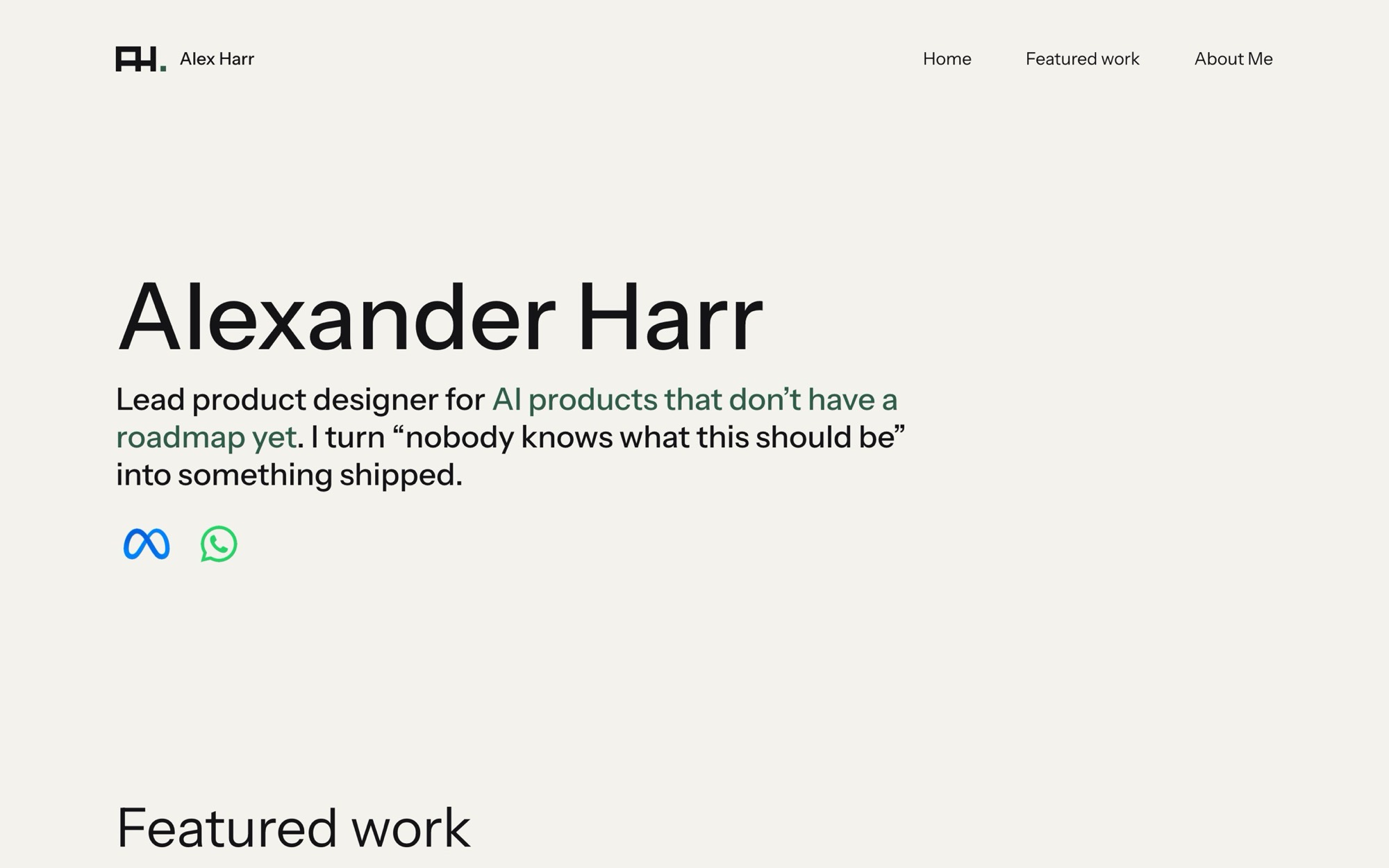 The first version of the site: a light page with the AH logo, the name Alexander Harr in large type, a one-line positioning statement and Meta and WhatsApp logos.